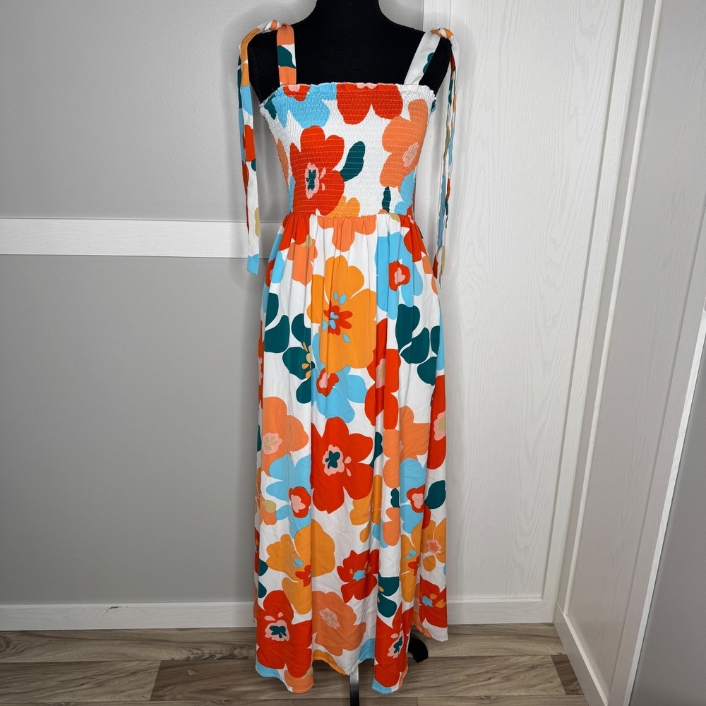 Floral Maxi Dress Size S Smocked Bodice Tie‎ Straps Pockets Bright Print NWT